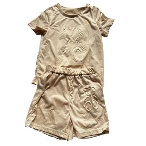 SHEIN Outfit Boys 7Y Tan Cream Bear Embossed Short Set